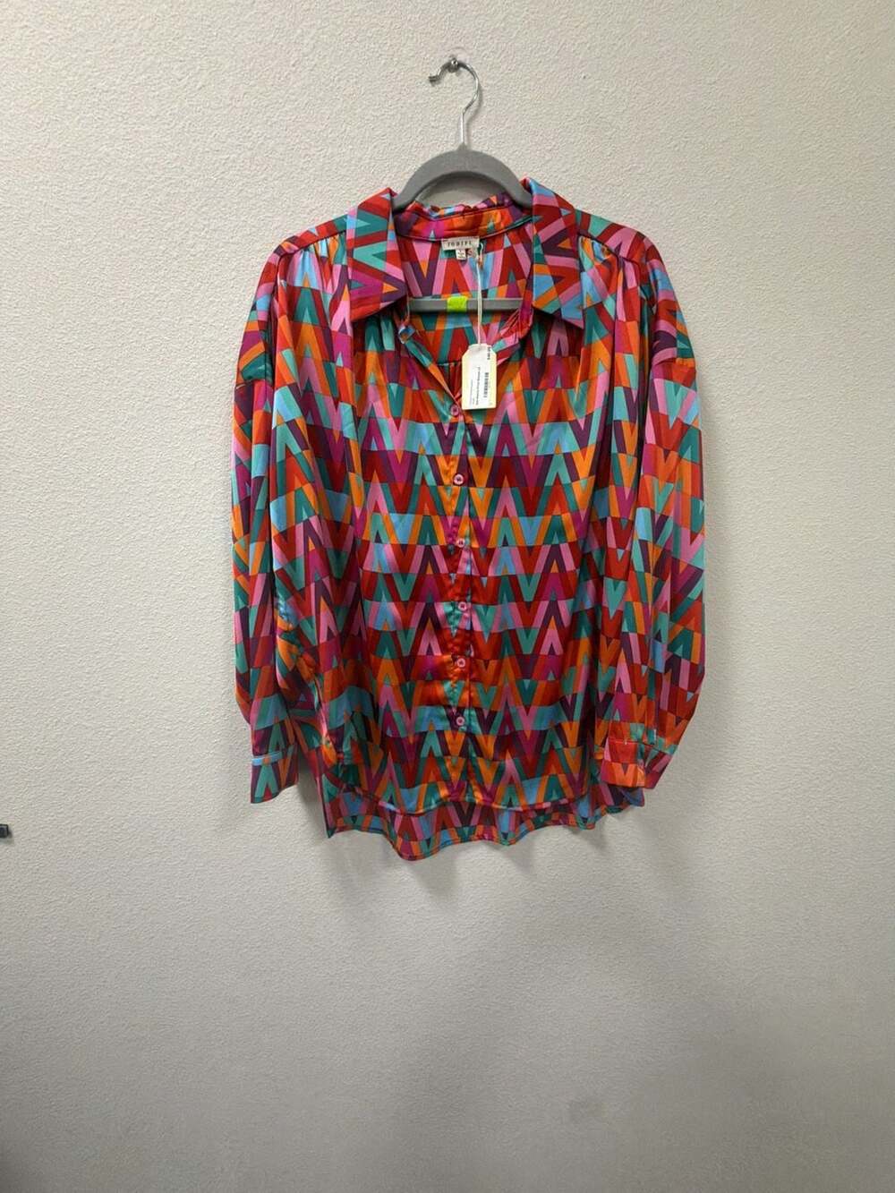Jodifl Long Sleeve Blouse Size L Colorful Geometric V Print Satin
